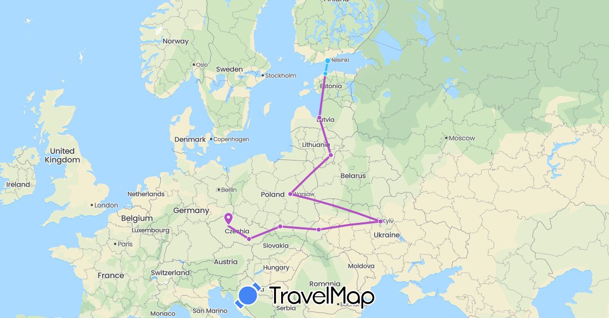 TravelMap itinerary: driving, train, boat in Czech Republic, Estonia, Finland, Lithuania, Latvia, Poland, Ukraine (Europe)